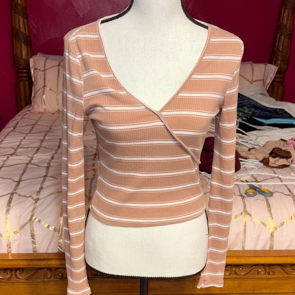 PacSun Tan and White Striped Wrap Blouse - Picture 1 of 4